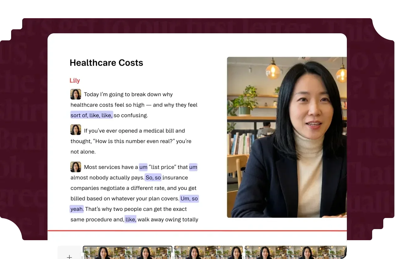 Descript's text-based editing interface showing transcript with video timeline