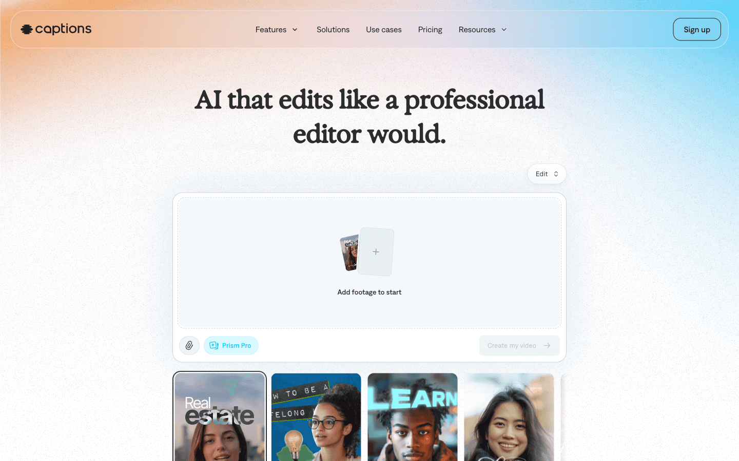Captions' homepage: add footage and let it edit like a professional editor would