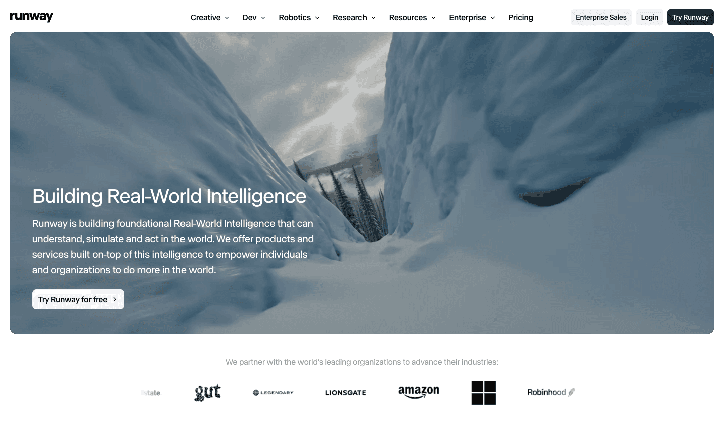 Runway's homepage: generative video from a prompt, not editing footage you shot